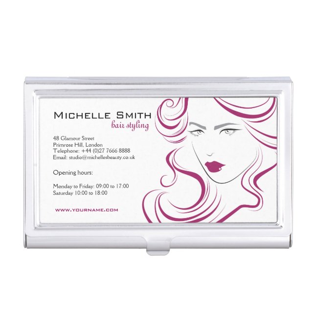 Modern Elegant Pink Wavy Hair Salon Beauty Girl  Business Card Case (Front)