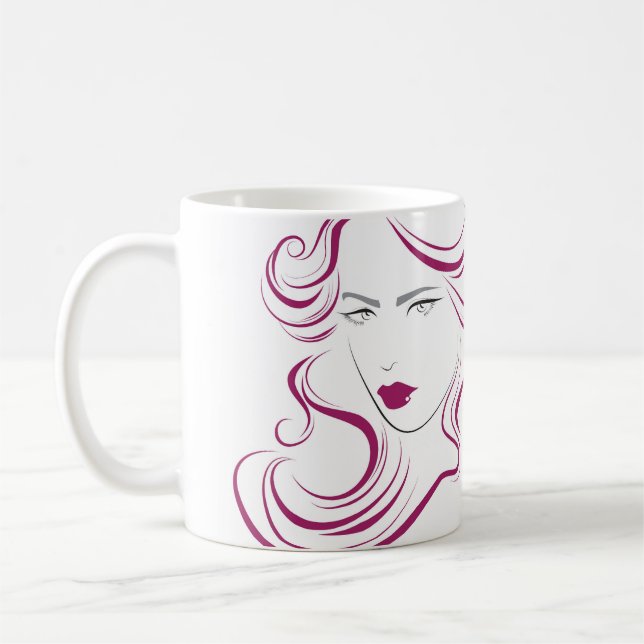 Modern Elegant Pink Wavy Hair Salon Beauty Girl  Coffee Mug (Left)