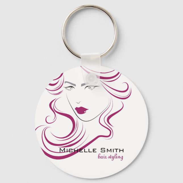 Modern Elegant Pink Wavy Hair Salon Beauty Girl  Keychain (Front)