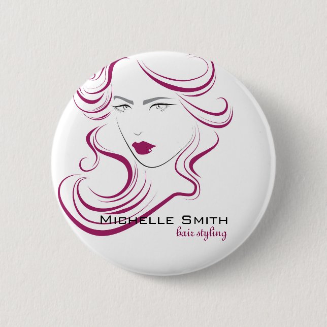 Modern Elegant Pink Wavy Hair Salon Beauty Girl  Pinback Button (Front)