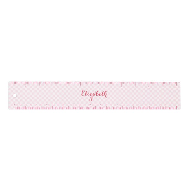 Modern Elegant Pink White Checkered Monogram Girly Ruler (Front)