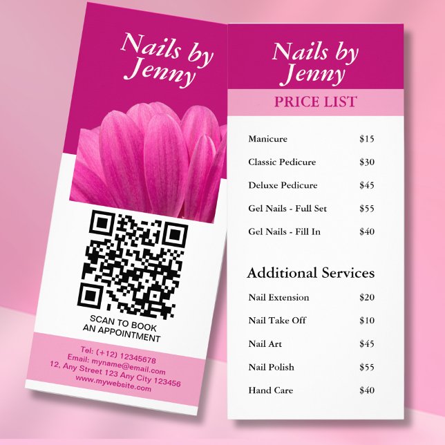 Modern Elegant Pink White Floral Nail Price List Rack Card (Creator Uploaded)