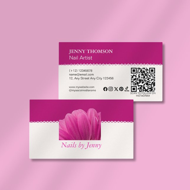 Modern Elegant Pink White Floral Nail Salon Business Card (Creator Uploaded)