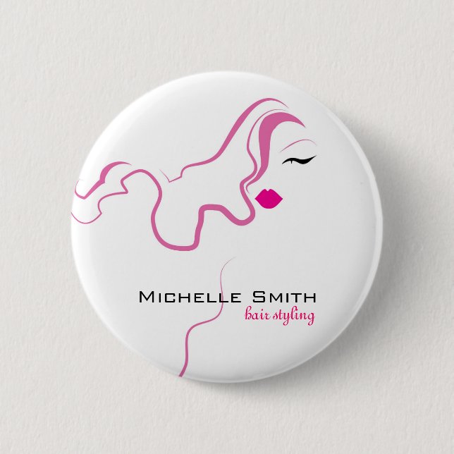 Modern elegant pink white hair stylist beauty girl button (Front)