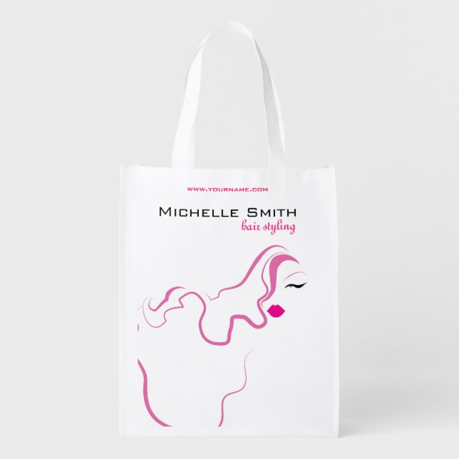 Modern elegant pink white hair stylist beauty girl grocery bag (Front)
