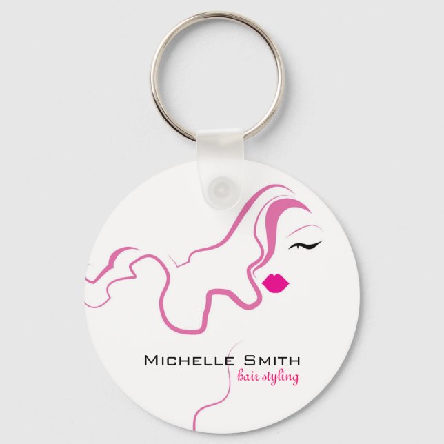 Modern elegant pink white hair stylist beauty girl keychain (Front)