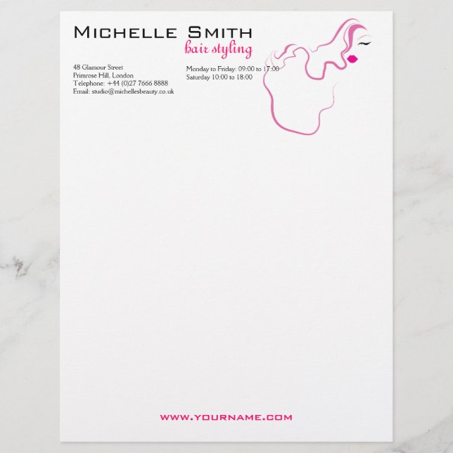 Modern elegant pink white hair stylist beauty girl letterhead (Front)