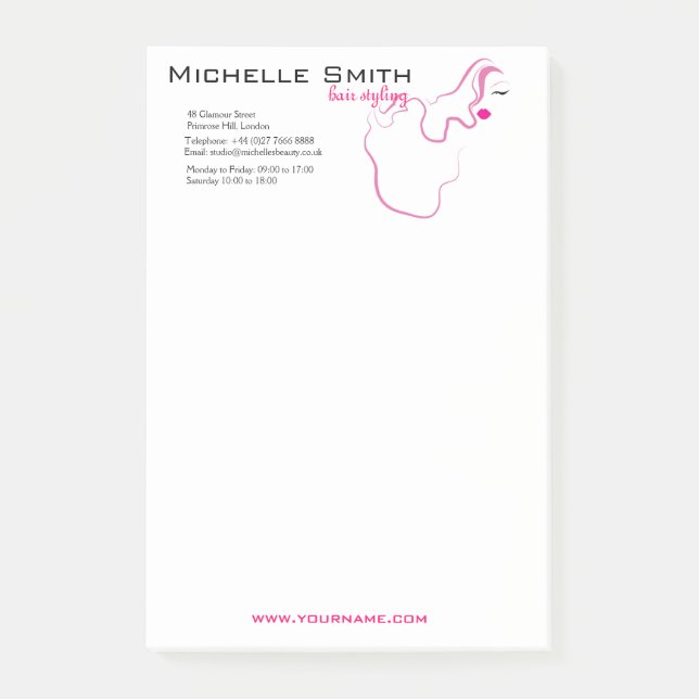 Modern elegant pink white hair stylist beauty girl post-it notes (Front)