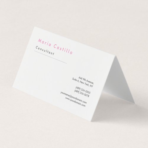 Modern Elegant Pink White Minimalist Plain Business Card