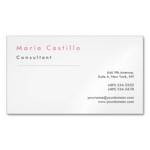 Modern Elegant Pink White Minimalist Plain Business Card Magnet