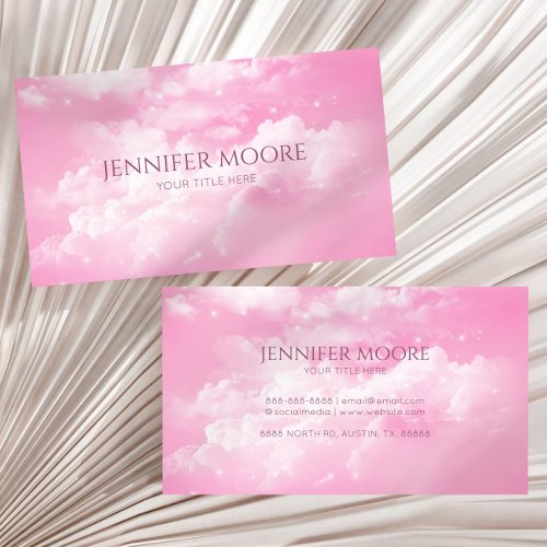 Modern Elegant Pink White Sparkle Clouds Custom  Business Card