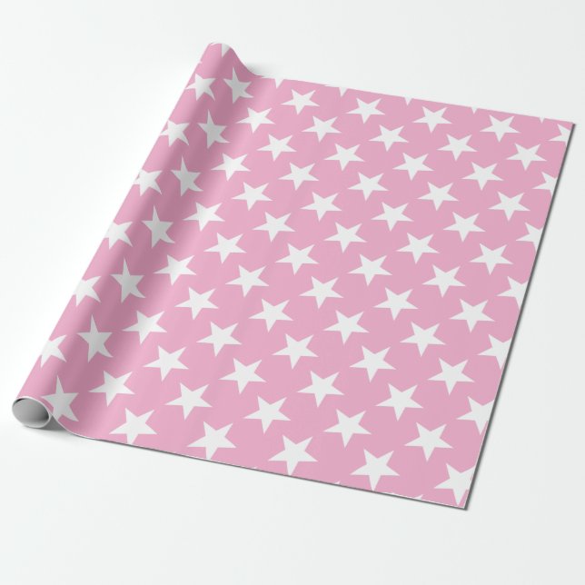 Modern Elegant Pink White Stars Gift Cute Design Wrapping Paper (Unrolled)