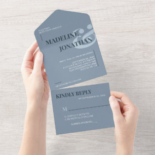 Modern Elegant Plain Dusty Blue Bold Wedding RSVP All In One Invitation