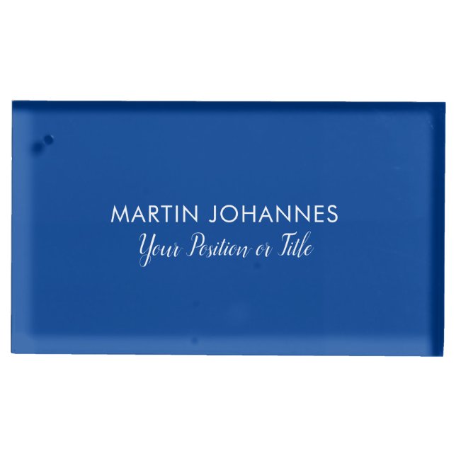 Modern Elegant Plain Stylish Blue Minimalist Place Card Holder (Front)