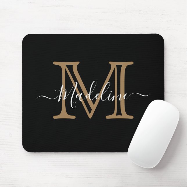 Modern Elegant Professional Black Gold Monogram Mouse Pad (With Mouse)