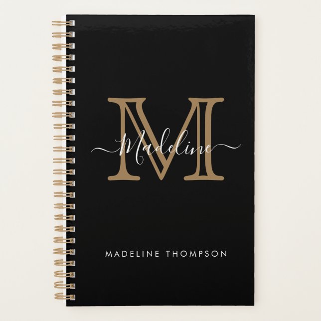 Modern Elegant Professional Black Gold Monogram Planner (Front)