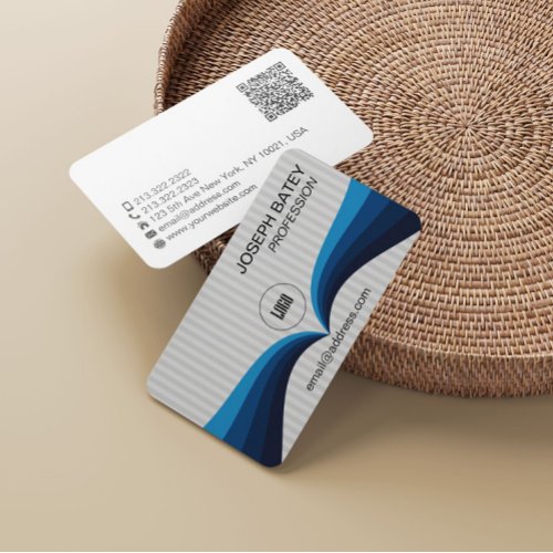 Modern Elegant Professional Blue Wave QR Code Business Card