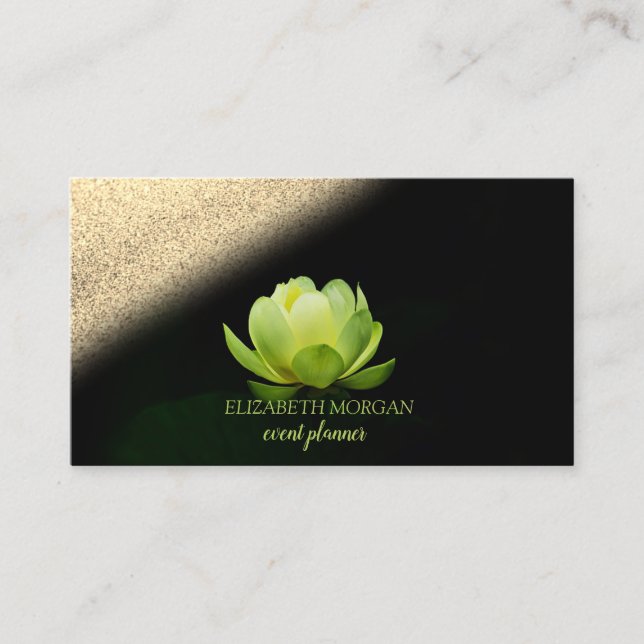 Modern Elegant Professional Green Lotus Gold Bokeh Business Card (Front)