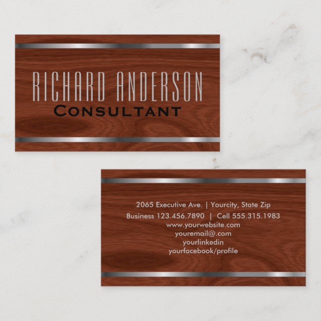 Modern Elegant Professional Wood Grain Metal Look Business Card (Front/Back)