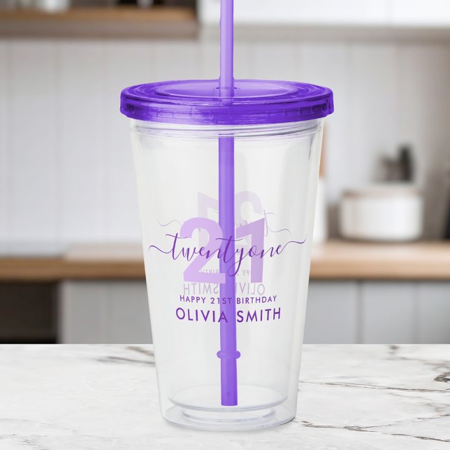 Modern Elegant Purple 21st Birthday Acrylic Tumbler (Creator Uploaded)