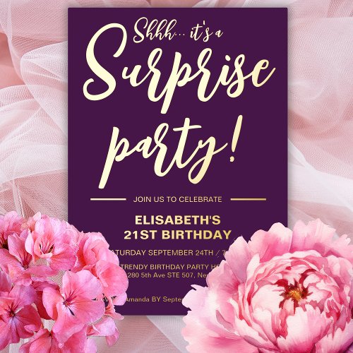 Modern Elegant Purple 21st Surprise Birthday  Foil Invitation