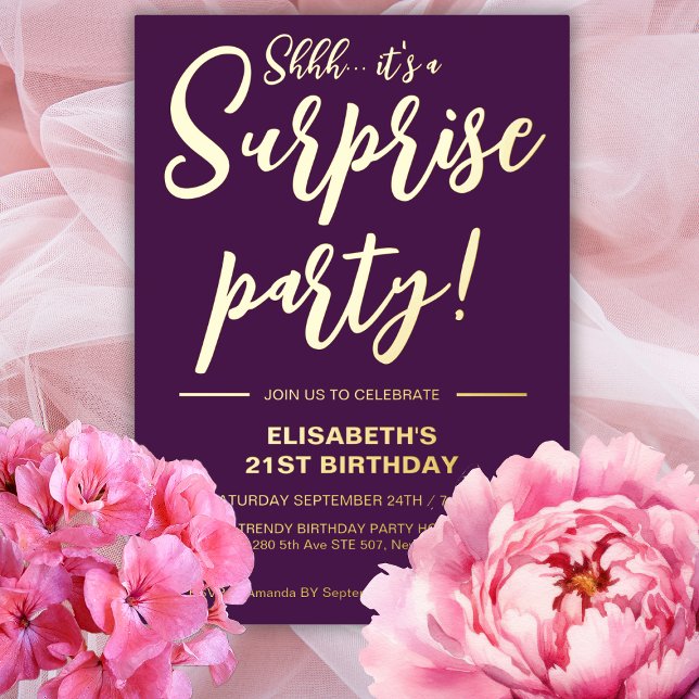 Modern Elegant Purple 21st Surprise Birthday  Foil Invitation (Creator Uploaded)