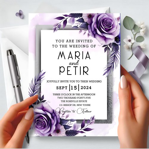 Modern  Elegant Purple and Silver Floral Wedding Invitation