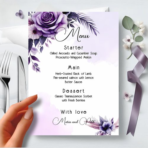 Modern  Elegant Purple and Silver Floral Wedding Menu