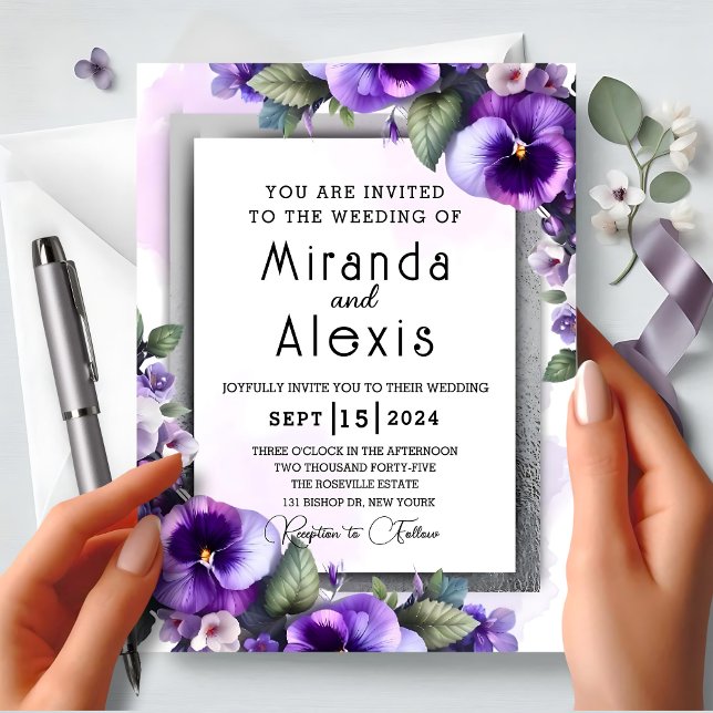 Modern , Elegant Purple and Silver Violets Wedding Invitation (Creator Uploaded)
