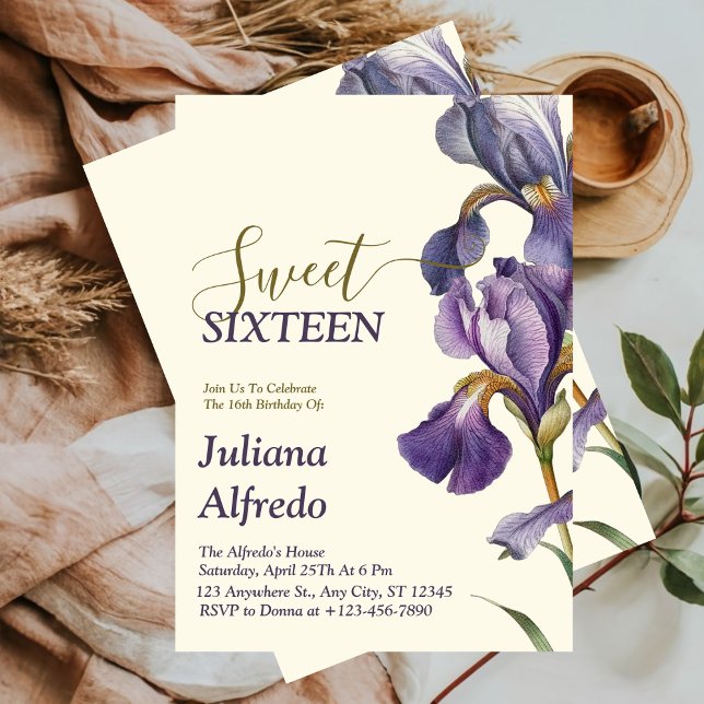 Modern Elegant Purple Beige Floral Sweet Sixteen16 Invitation (Creator Uploaded)