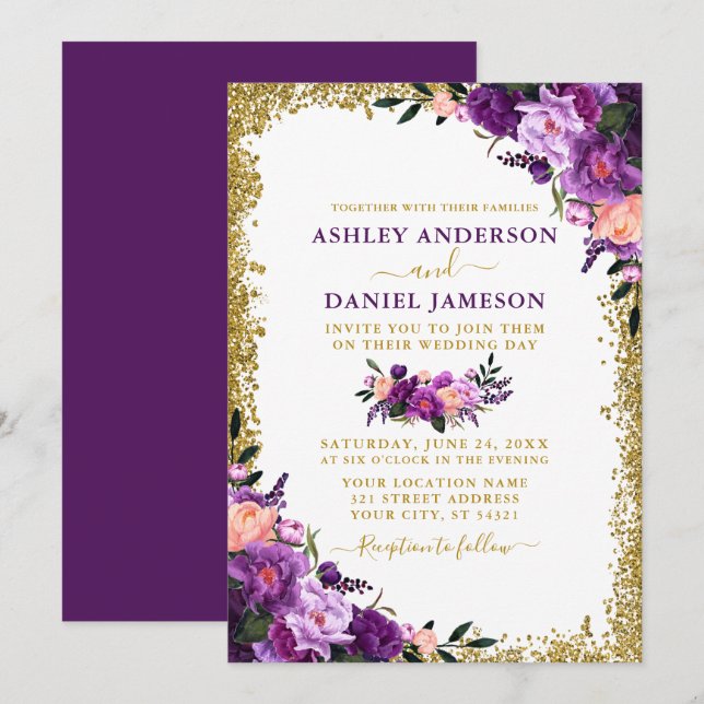 Modern Elegant Purple Floral Gold Glitter Wedding Invitation (Front/Back)