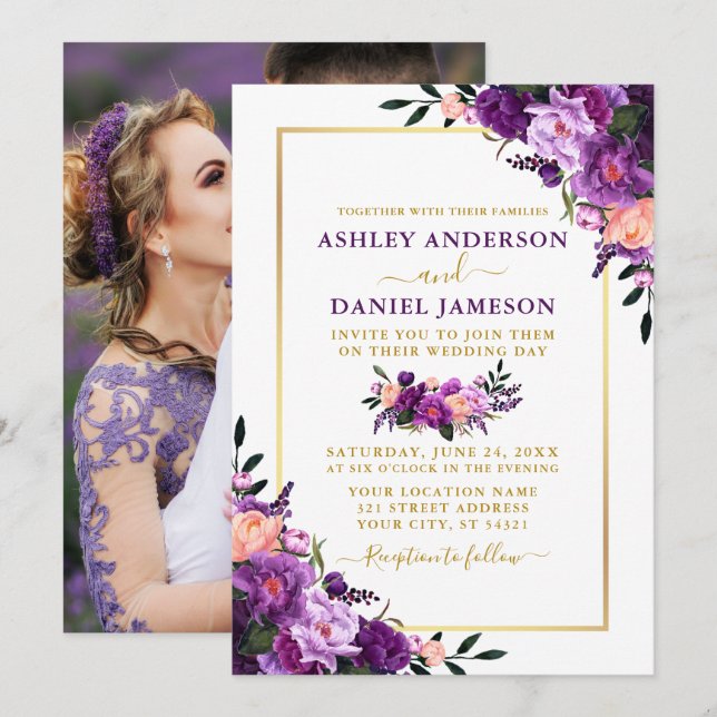 Modern Elegant Purple Floral Photo Wedding Invitation (Front/Back)