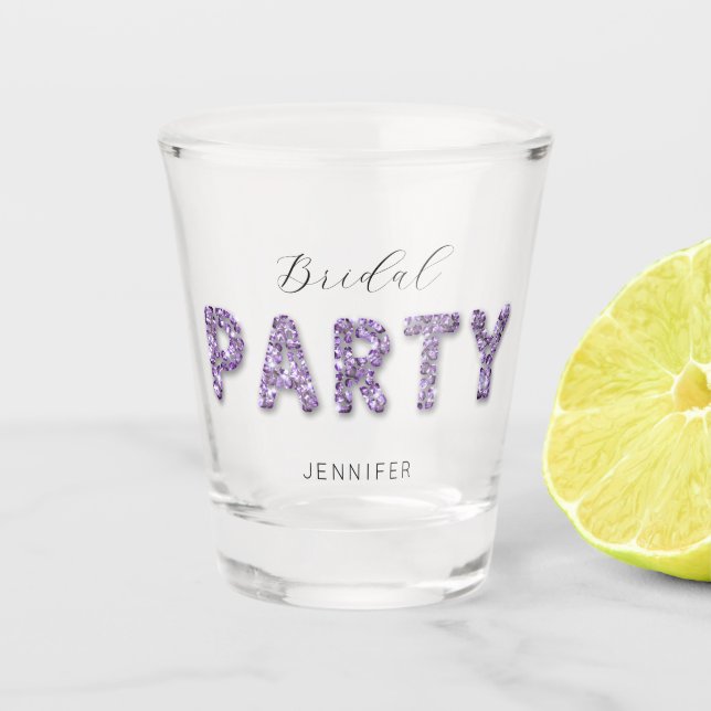 Modern Elegant Purple Glitter Bridal Shower Party Shot Glass (Front)