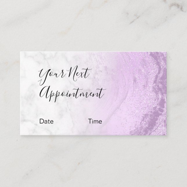 Modern elegant purple glitter marble makeup artist appointment card (Front)
