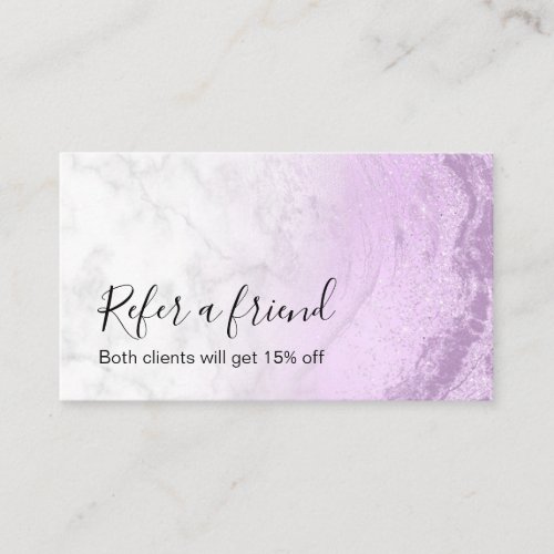 Modern elegant purple glitter marble makeup artist referral card