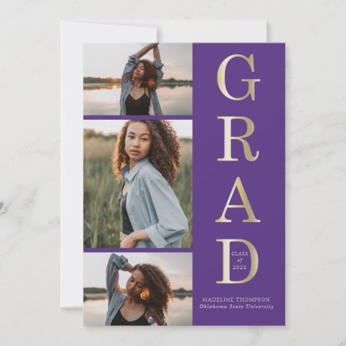 Modern Elegant Purple Gold 3 Photo Graduation Announcement