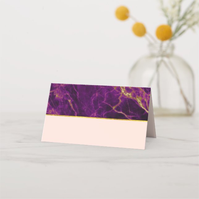Modern Elegant Purple & Gold Abstract Marble Place Card (Front)