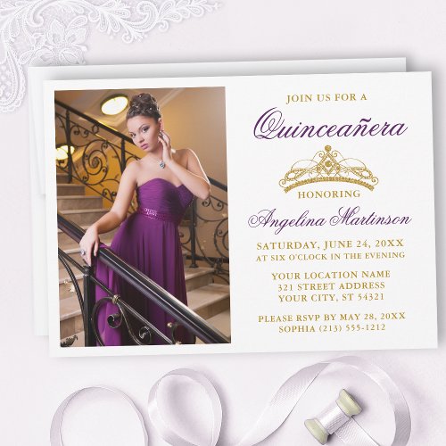 Modern Elegant Purple Gold Crown Photo Quinceanera Invitation