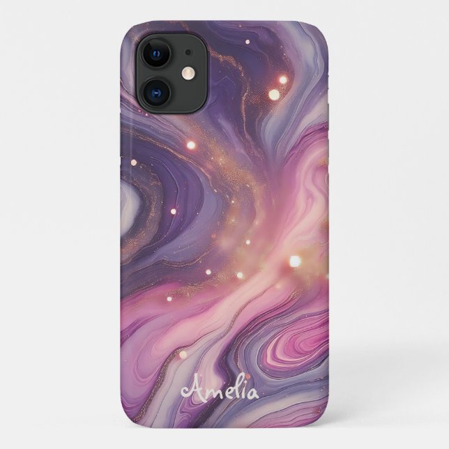 Modern Elegant Purple Gold Marble Personalized Nam Case-Mate iPhone Case (Back)