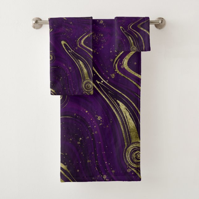 Modern Elegant Purple & Gold Marble Swirl Bath  Bath Towel Set (Insitu)