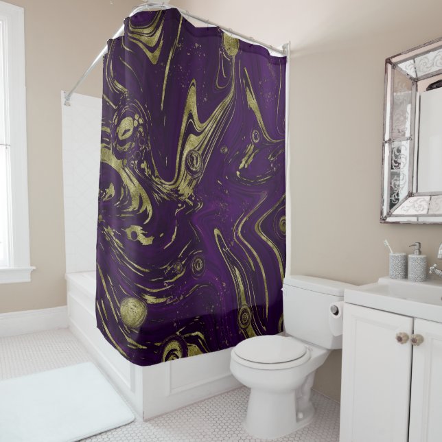 Modern Elegant Purple & Gold Marble Swirl  Shower Curtain (In Situ)