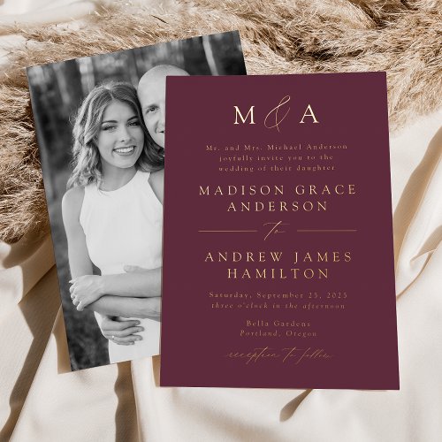 Modern Elegant Purple Gold Monogram Photo Wedding Foil Invitation