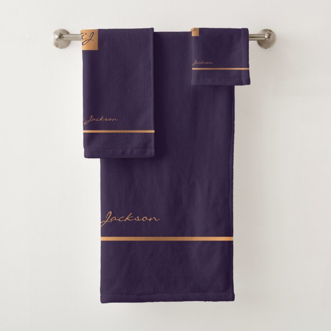 Modern elegant purple gold monogrammed stripes bath towel set (Insitu)