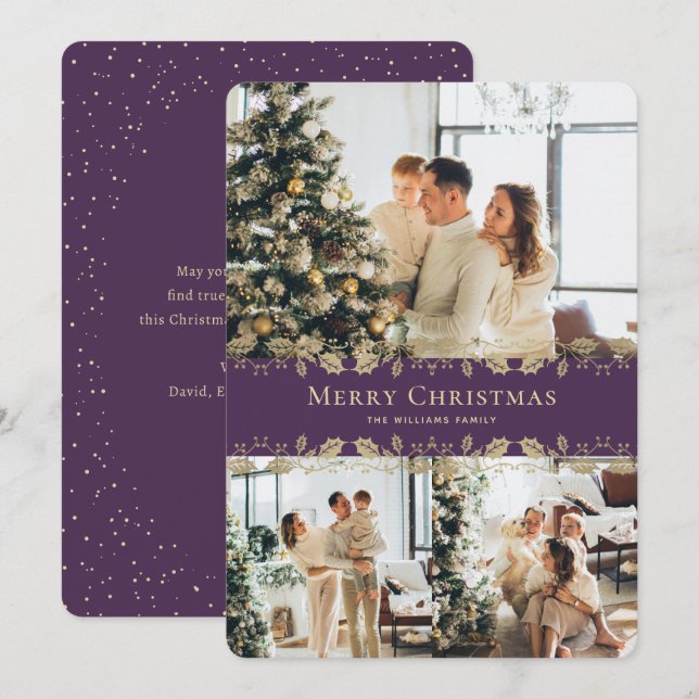 Modern Elegant Purple Gold Photo Merry Christmas Holiday Card (Front/Back)