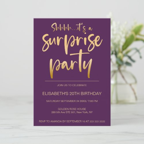 Modern Elegant Purple Gold Surprise Birthday Party Invitation