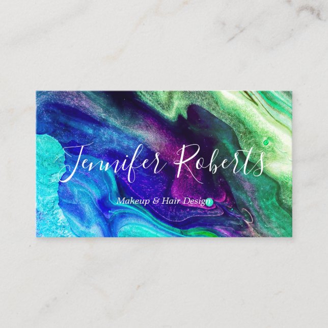 Modern Elegant Purple Green Marble Makeup Artist Business Card (Front)