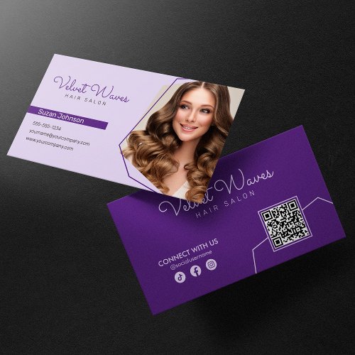 Modern Elegant Purple Hair Stylist Makeup QR Code Business Card