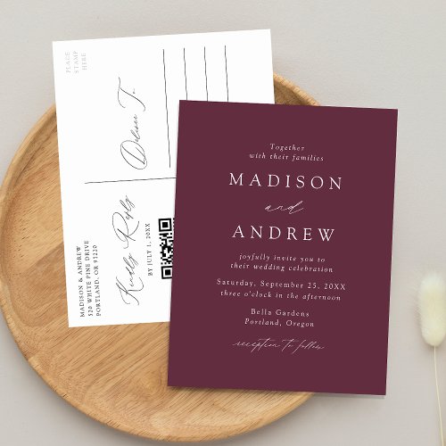 Modern Elegant Purple QR Code Wedding Invitation Postcard