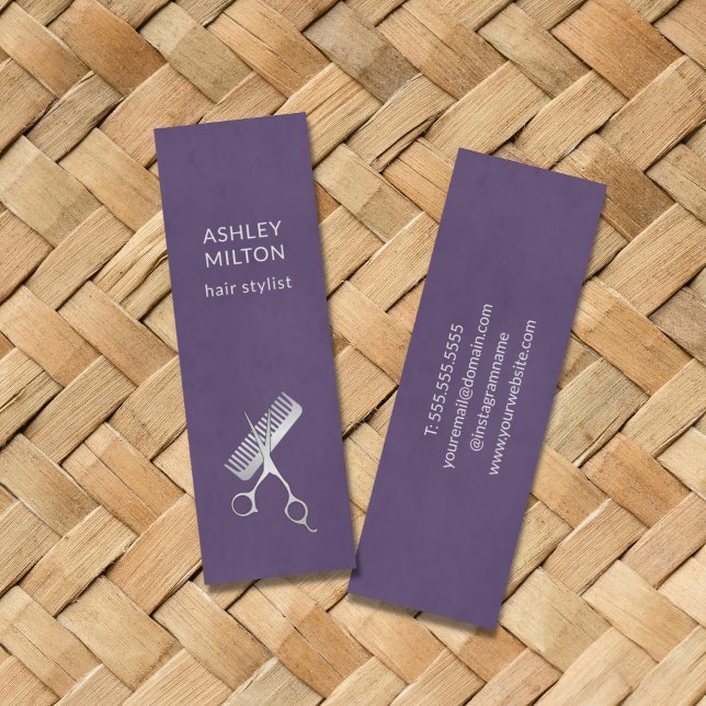 Modern Elegant Purple Scissors Comb Hair Stylist Mini Business Card (Creator Uploaded)