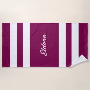 Modern Elegant Purple Stripes Name Beach Towel